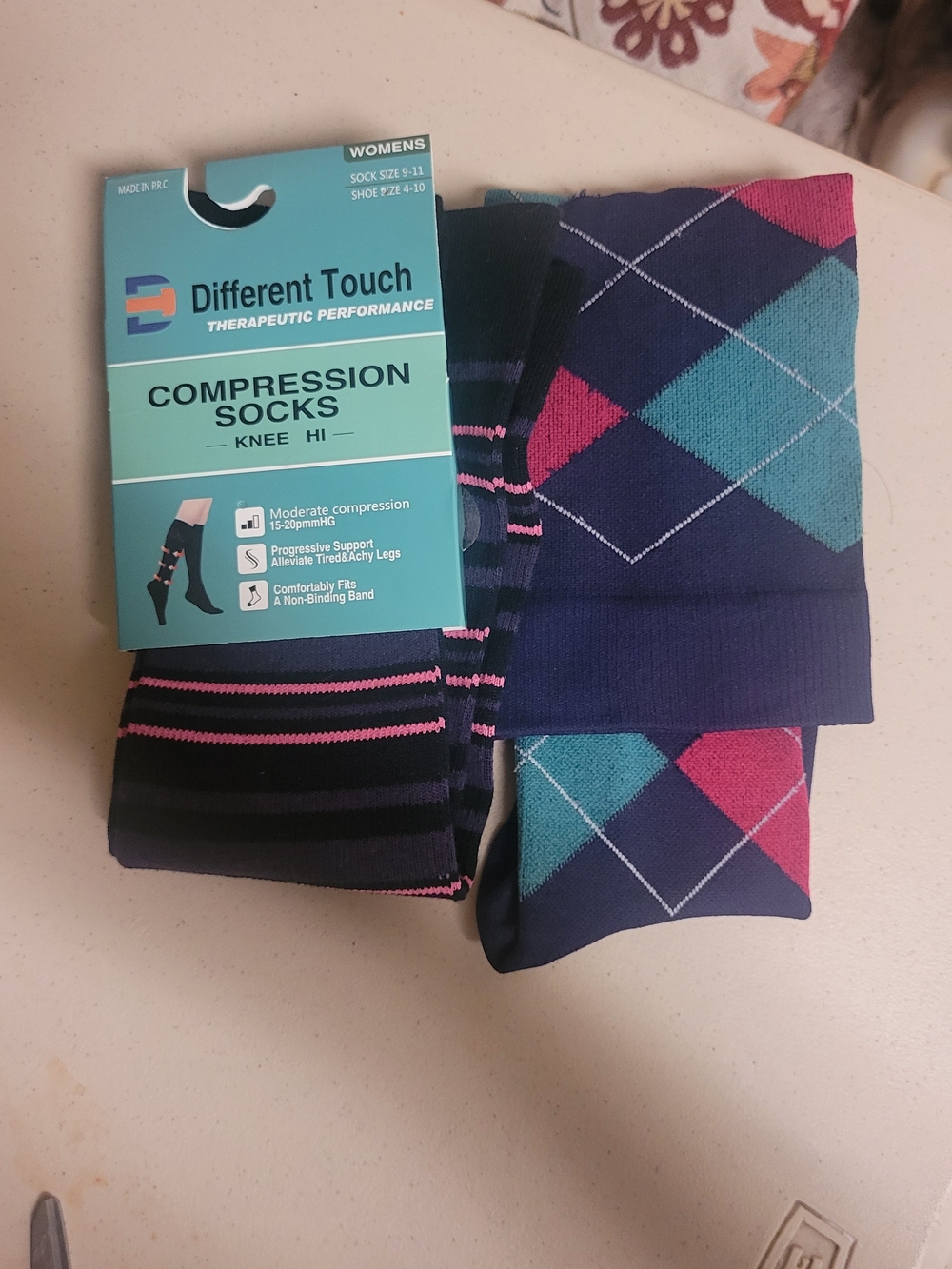 Women's Knee High Compression Socks - Navy with Pink & Teal Accents